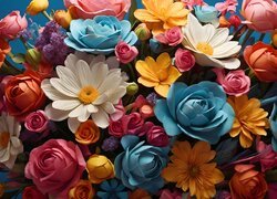 Różne rodzaje kolorowych kwiatów na niebieskim tle