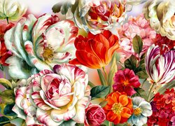Kwiaty, Kolorowe, Tulipany, Piwonie, Grafika