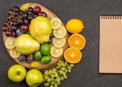 Owoce, Winogrona, Cytryny, Jabłka, Gruszki, Pomarańcze, Deska, Notes, Kredka