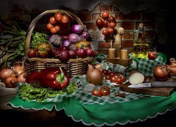 Warzywa, Papryka, Cebula, Pomidory, Buraki, Sałata, Koszyk, Nóż, Przyprawy, Sól, Pieprz, Olej, Serweta, Kompozycja