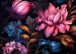 Różnokolorowe kwiaty i liście