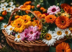 Różnokolorowe kwiaty w wiklinowym koszyku