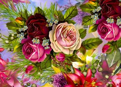 Grafika, Kwiaty, Różnokolorowe, Róże