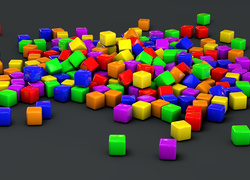Różnokolorowe rozsypane kostki w grafice 3D