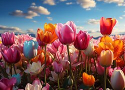 Tulipany, Kolorowe, Kwiaty, Niebo, Grafika