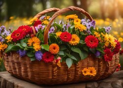 Różnorodne kwiaty w wiklinowym koszyku