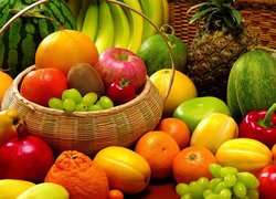 Owoce, Kosz, Winogrona, Melon, Banany, Kiwi, Pomarańcze, Ananas, Jabłka