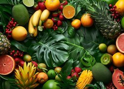 Kompozycja, Owoce, Liście, Ananas, Banany, Cytrusy