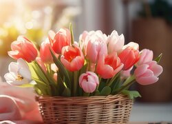 Różowa tkanina obok kosza z tulipanami