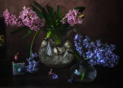 Różowe i niebieskie hiacynty w wazonach