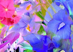 Różowe i niebieskie kwiaty w grafice fractalius