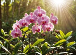 Orchidea, Storczyk, Kwiaty, Promienie słońca, Grafika