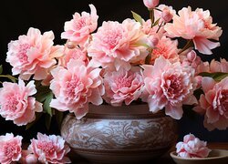 Różowe kwiaty w ozdobnej wazie na ciemnym tle