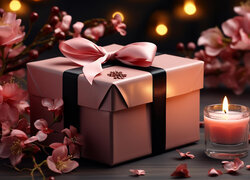 Różowe pudełko obok świecy i kwiatów