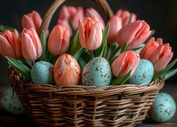 Wielkanoc, Tulipany, Kolorowe, Pisanki, Koszyk