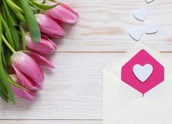 Walentynki, Tulipany, Bukiet, Koperta, Serduszka