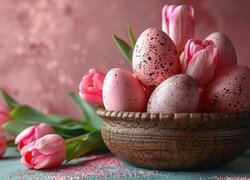 Wielkanoc, Różowe, Pisanki, Różowe, Tulipany, Misa