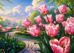 Tulipany, Kwiaty, Wiosna, Ścieżka, Park, Grafika