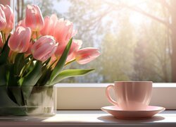 Różowe tulipany w szklanym naczyniu obok filiżanki przy oknie