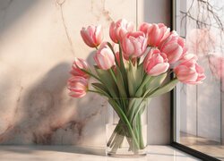 Różowe tulipany w szklanym wazonie przy oknie