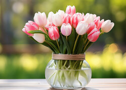 Różowe tulipany w szklanym wazonie