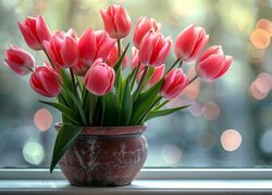 Kwiaty, Tulipany, Bukiet, Wazon, Parapet, Okno