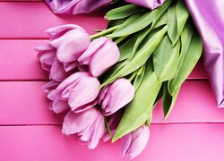 Różowe tulipany z listkami na różowych deskach