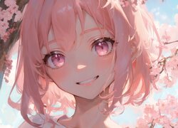 Dziewczyna, Uśmiech, Różowy, Anime