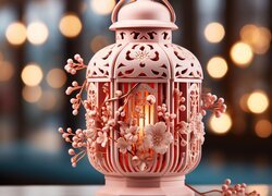 Różowy, Lampion, Ornament, Kwiaty, Światła, Grafika