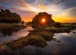 Australia, Półwysep Mornington, Park Narodowy Mornington Peninsula, Plaża Bridgewater Bay, Zatoka, Zachód słońca, Skały, Roślinność