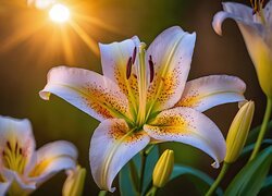 Rozświetlona promieniami słońca nakrapiana lilia w zbliżeniu