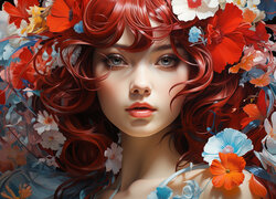 Rozświetlona twarz rudowłosej dziewczyny z kwiatami we włosach