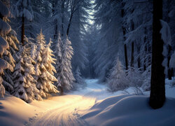 Rozświetlona zaśnieżona droga i drzewa w zimowym lesie