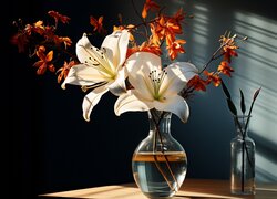 Rozświetlone białe lilie i gałązki w wazonie