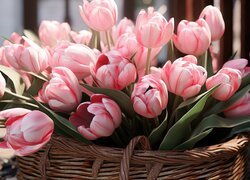 Rozświetlone bladoróżowe tulipany w koszu