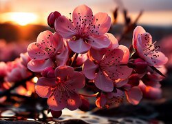 Rozświetlone blaskiem zachodzącego słońca różowe kwiaty drzewa owocowego