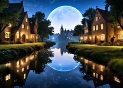 Rozświetlone domy nad rzeką w blasku księżyca