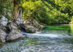 Rozświetlone drzewa i skały nad rzeką