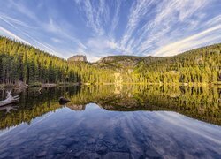 Jezioro, Bear Lake, Park Narodowy Gór Skalistych, Stan Kolorado, Stany Zjednoczone, Drzewa, Las, Odbicie