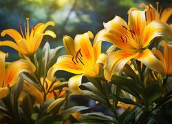 Kwiaty, Żółto-pomarańczowe, Lilie, Listki