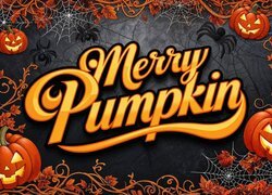 Rozświetlone dynie i napis Merry Pumpkin na czarnym tle