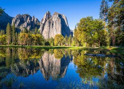 Stany Zjednoczone, Kalifornia, Park Narodowy Yosemite, Góry Sierra Nevada, Rzeka, Merced River, Drzewa, Odbicie