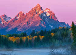 Stany Zjednoczone, Stan Wyoming, Park Narodowy Grand Teton, Góry, Teton Range, Rzeka, Drzewa, Jesień