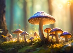 Rozświetlone grzyby na mchu w grafice