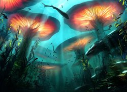 Rozświetlone grzyby w głębinach morskich