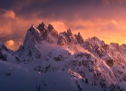 Zima, Góry, Dolomity, Zachód słońca, Chmury, Włochy