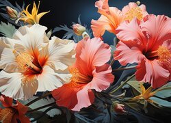 Kwiaty, Kolorowe, Hibiskusy, Grafika