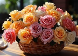 Rozświetlone kolorowe róże w wiklinowym koszyku