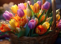 Rozświetlone kolorowe tulipany w koszyku