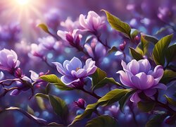 Fioletowe, Kwiaty, Magnolie, Grafika